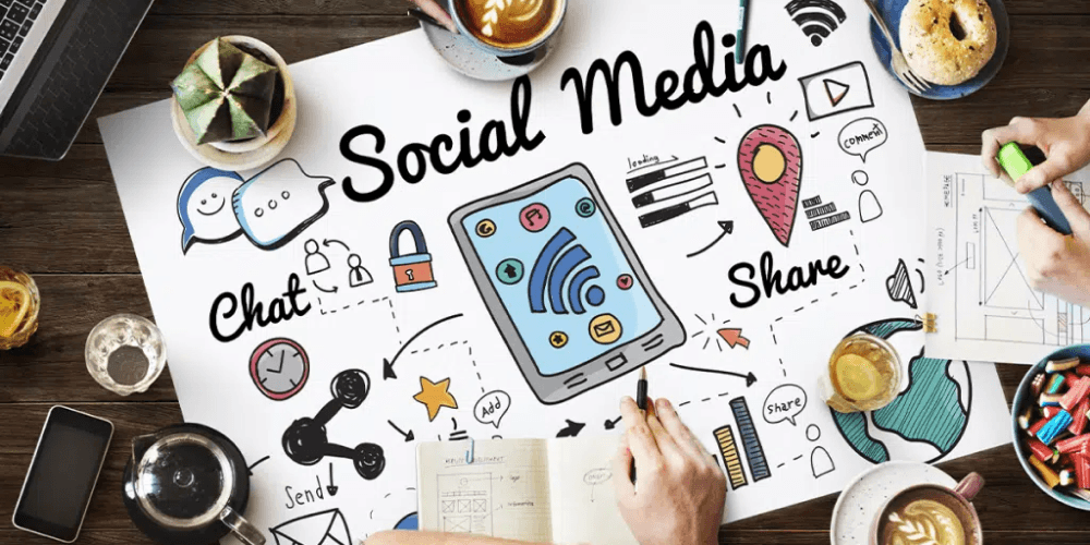 Illustrative graphic showcasing social media agency services with integrated social media icons